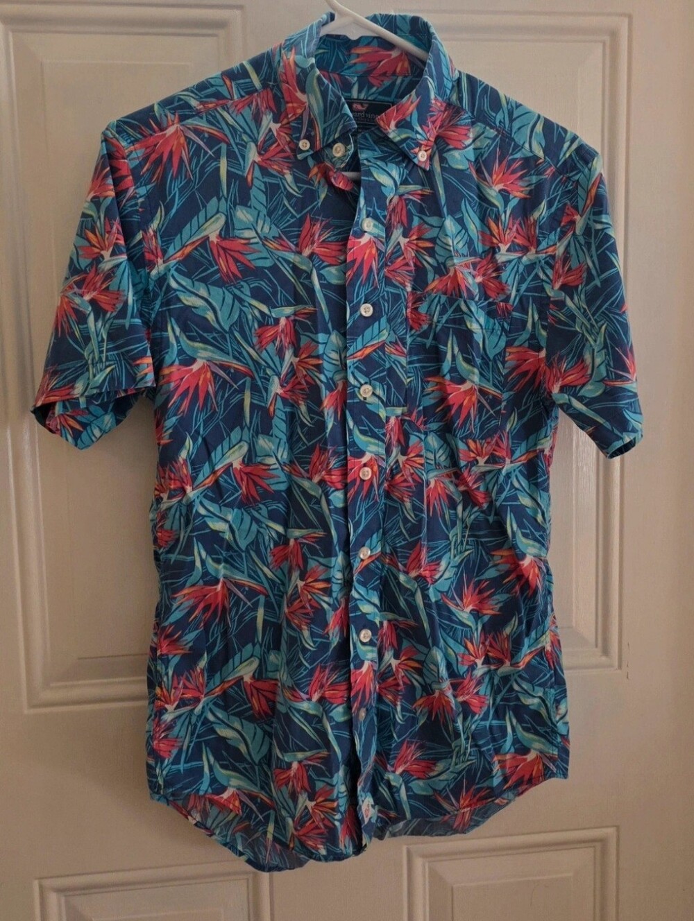 Vineyard Vines Blue Tropical Short-Sleeve Button-Down with Red Floral